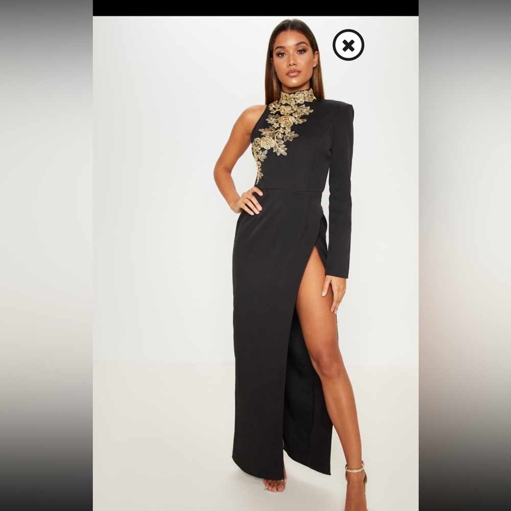 Black High Neck Asymmetric Embroidered Trim Maxi Dress